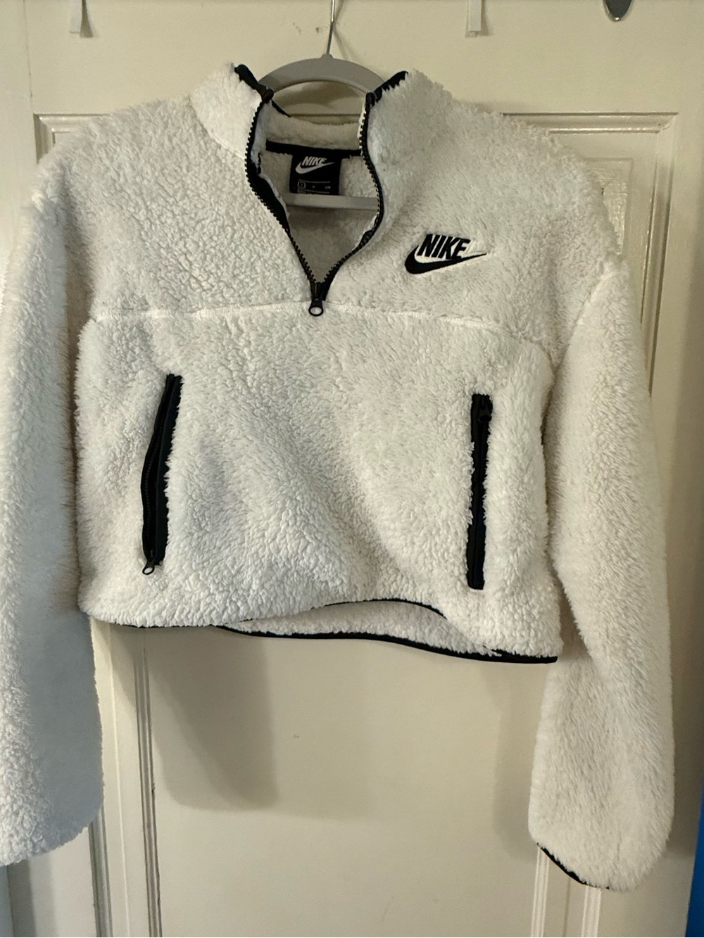 Nike White Sherpa Half-Zip Pullover with Black Trim
